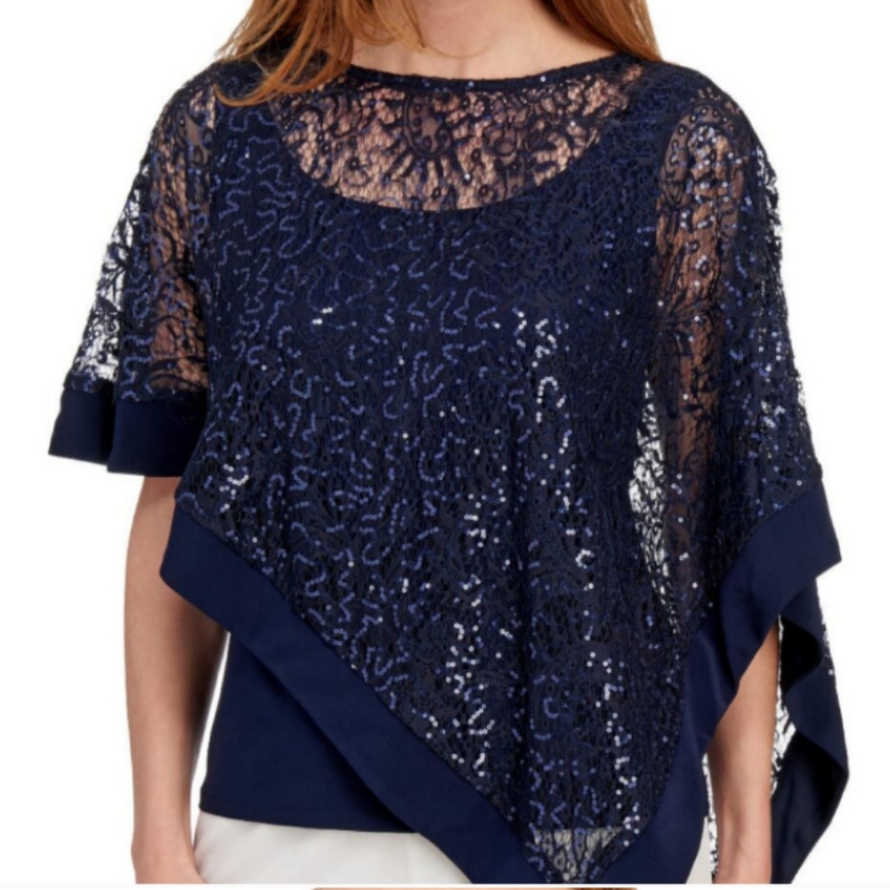 💙Navy Asymmetrical Sequin Lace Poncho💙